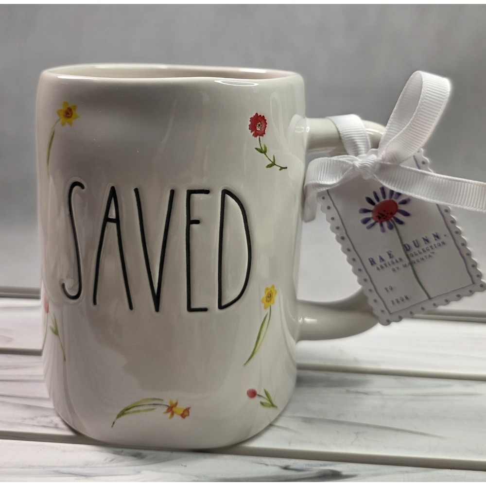 NEW Rae Dunn Magenta "SAVE" Coffee Mug Cup with Multicolor flowers